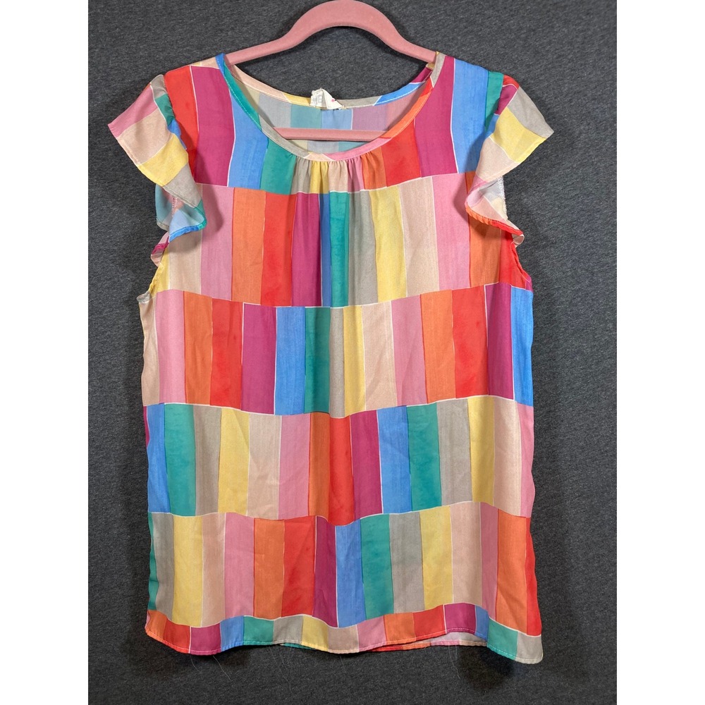 BIBI Womens Multicolor Geometric Block Stripe Flutter Sleeve Blouse Top 0627 - Picture 6 of 7